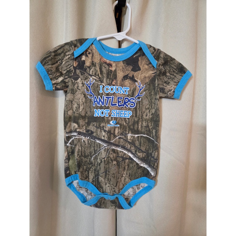 Mossy Oak Baby Boy Camo Bodysuit I Count Antlers Not Sheep Blue Trim 18M
